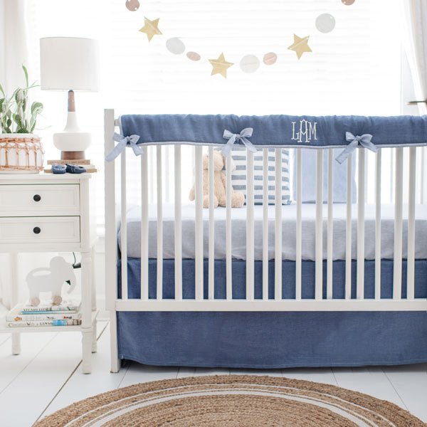 Cape Cod Navy Blue Linen Crib Bedding Piece Set