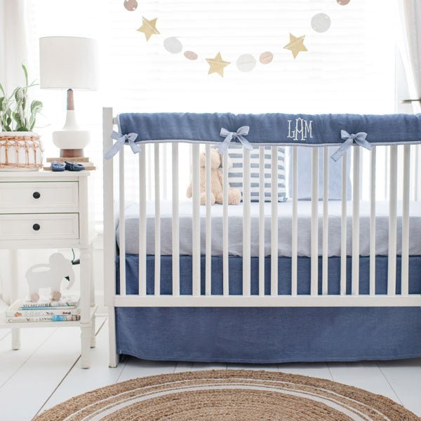 Cape Cod Navy Blue Linen Crib Bedding - 3 Piece Set