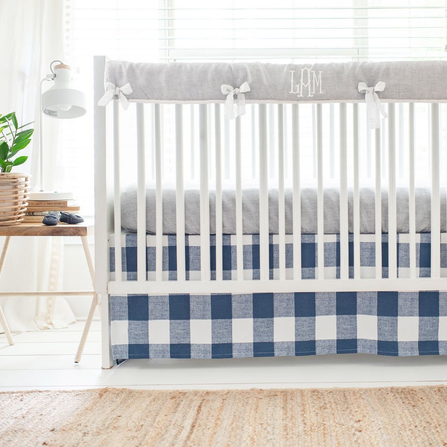 Gray and Navy Buffalo Plaid Crib Bedding Piece Set