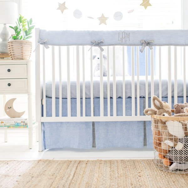 Nantucket Blue and Gray Linen Crib Bedding - 3 Piece Set