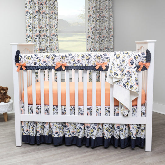 Navy and Peach Flora Crib Bedding - New Arrivals Inc