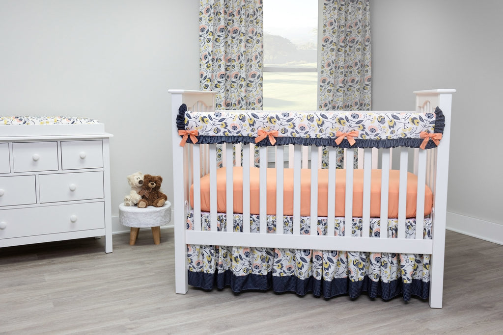 Navy and Peach Flora Crib Bedding - 3 Piece Set