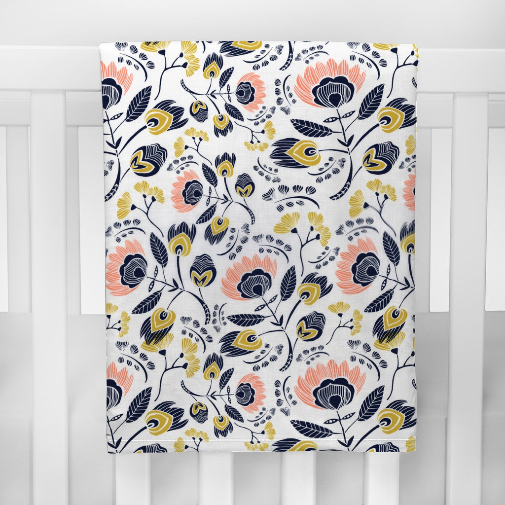 Navy and Peach Flora Crib Blanket