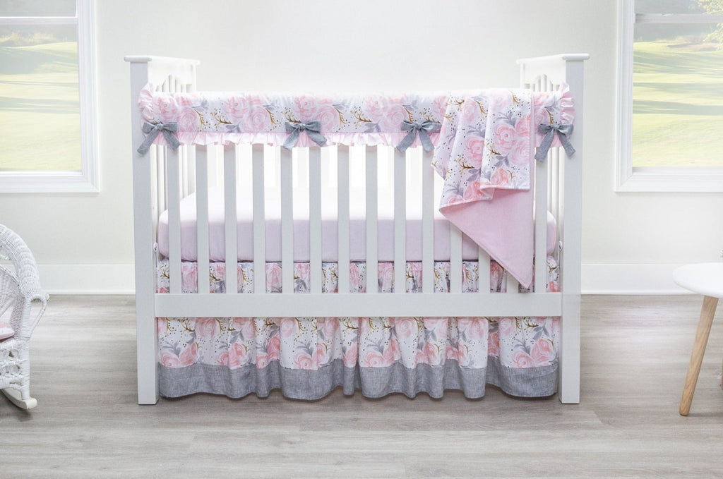 Pink and Gray Rose Crib Bedding - 4 Piece Set