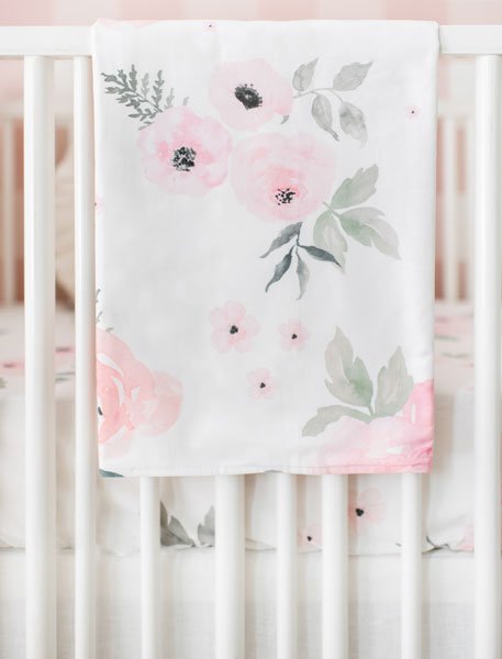 White and Blush Rose Bouquet Floral Crib Blanket