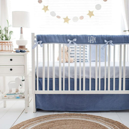 Cape Cod Navy Blue Linen Crib Bedding - New Arrivals Inc
