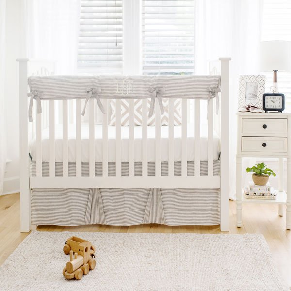 Kingston Ecru Stripe Linen Crib Bedding - 3 Piece Set