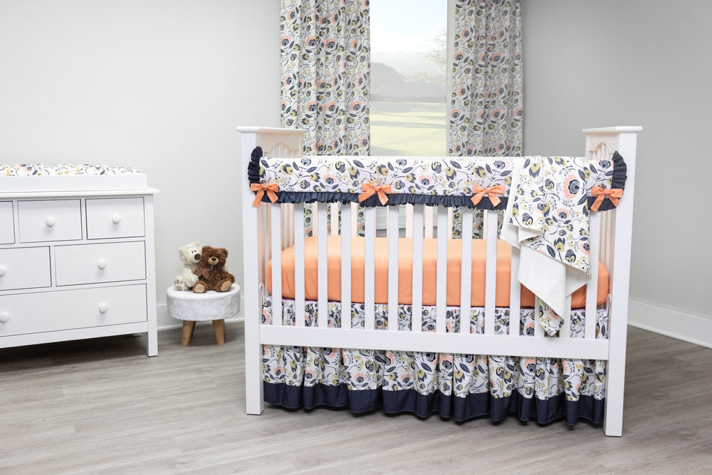Navy and Peach Flora Crib Bedding - 4 Piece Set
