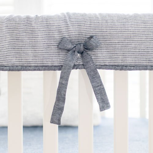 Newport Denim Blue Stripe Linen Crib Rail Cover - Short Rail Guard (Set of 2) - New Arrivals Inc