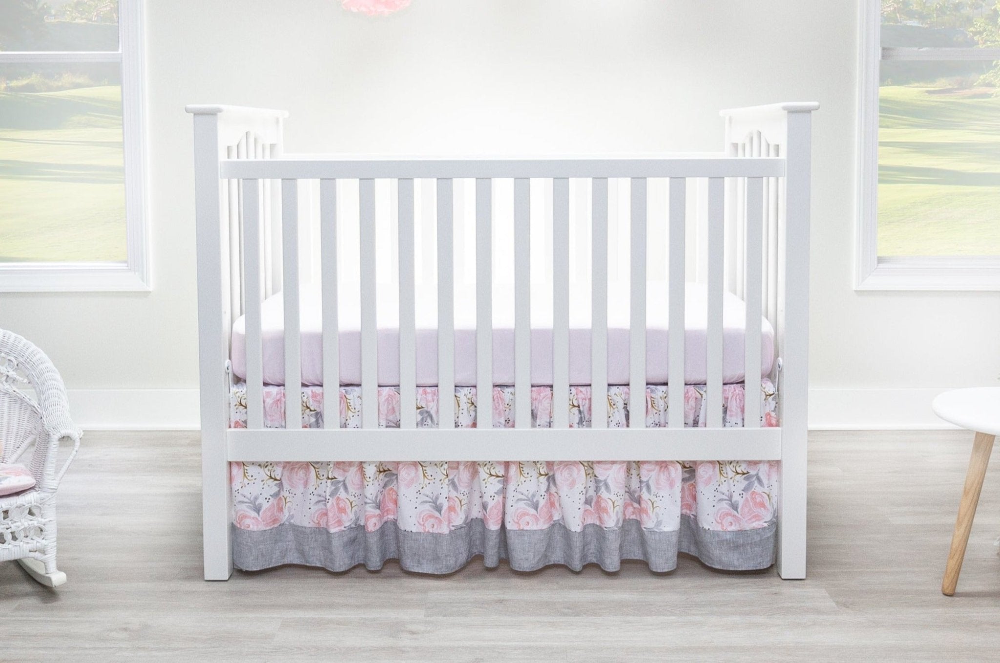 Gray and discount pink crib bedding