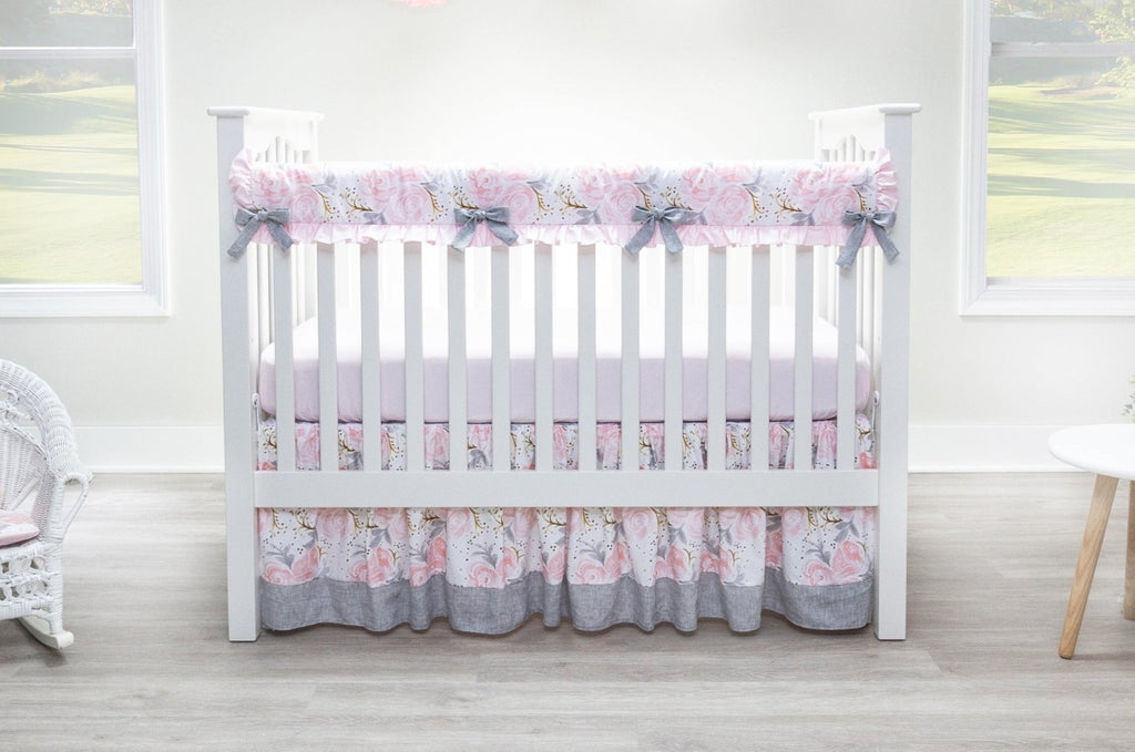 Pink and Gray Rose Crib Bedding - 3 Piece Set