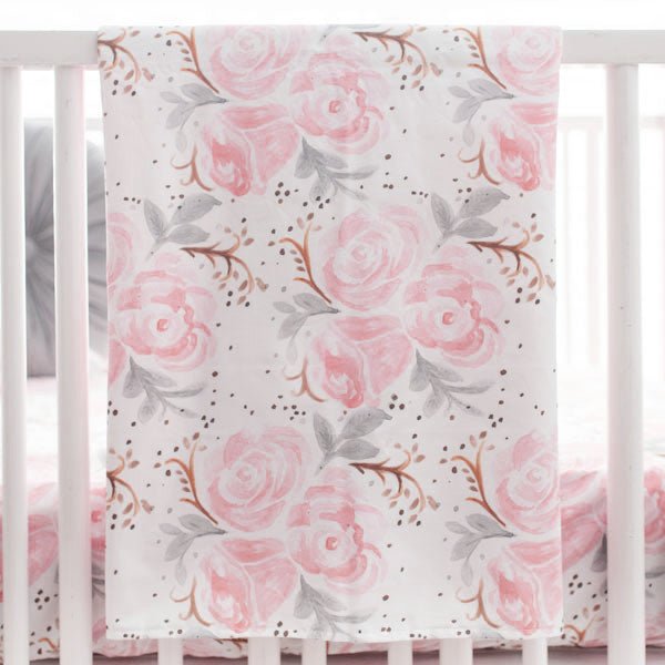 Pink and Gray Rose Crib Blanket