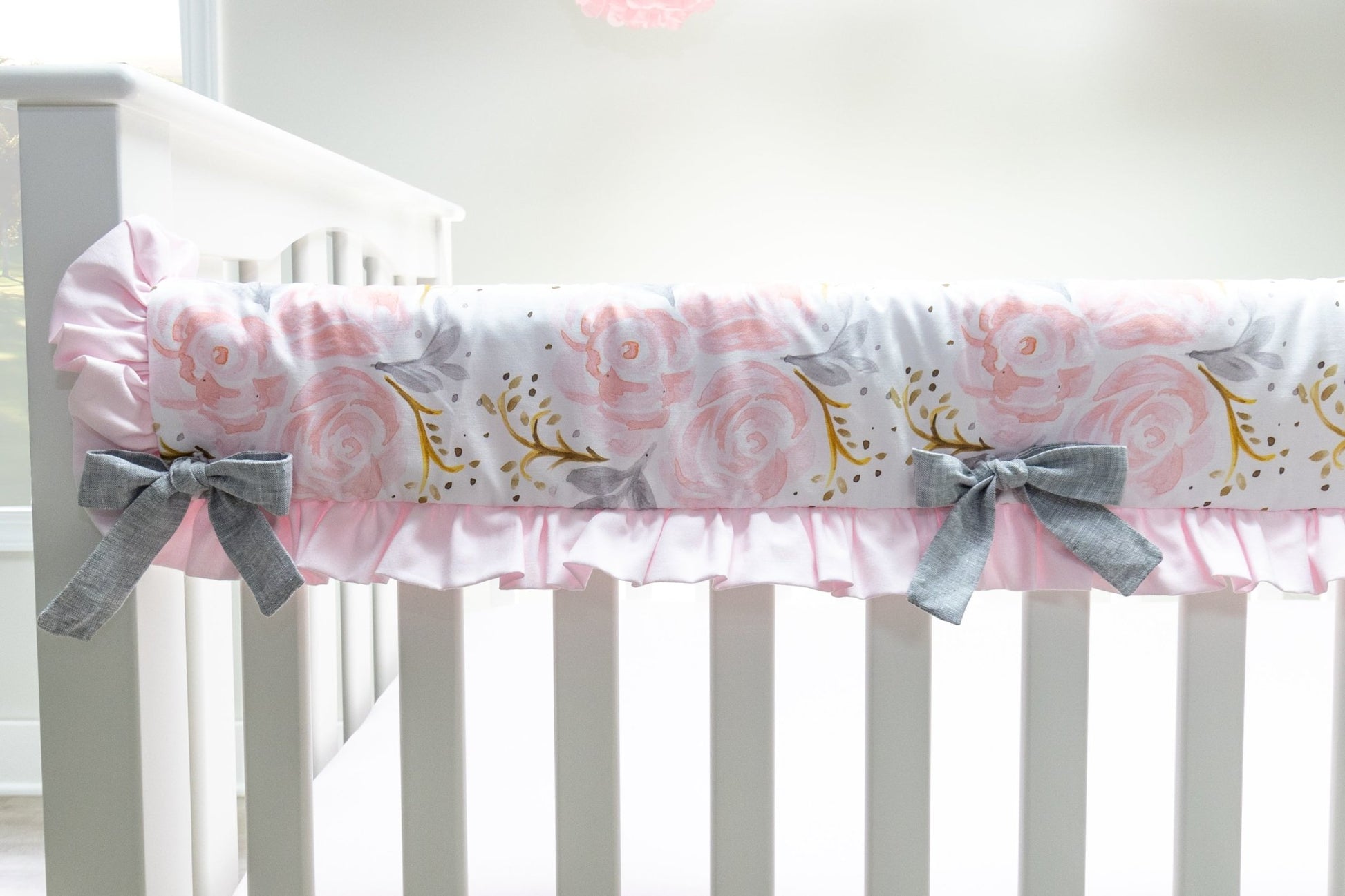 Pink and Gray Rose Crib Rail Cover - New Arrivals Inc