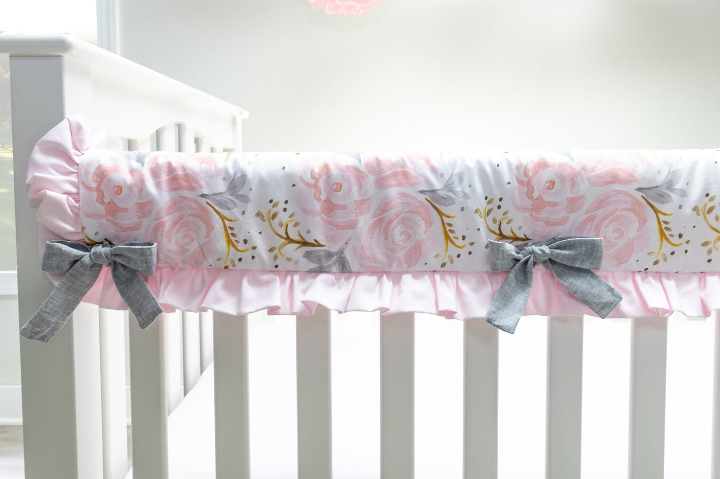 Pink and Gray Rose Crib Rail Cover - Short Rail Guard (Set of 2) - New Arrivals Inc
