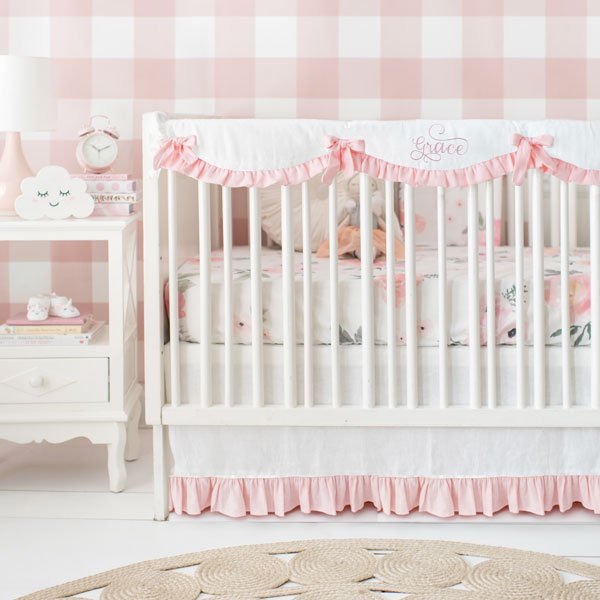 White and Blush Rose Bouquet Floral Crib Bedding - 3 Piece Set