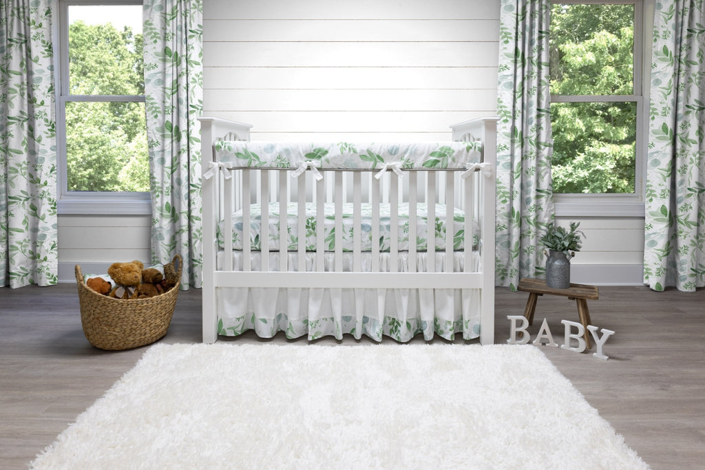 White and Green Farmhouse Crib Bedding - 3 Piece Set