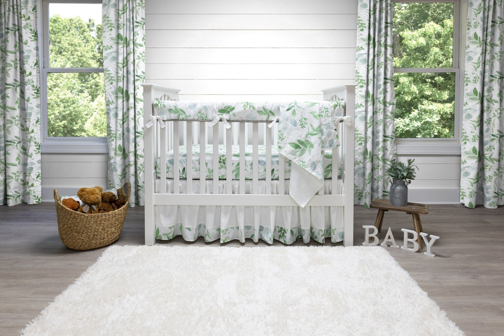 White and Green Farmhouse Crib Bedding - 4 Piece Set