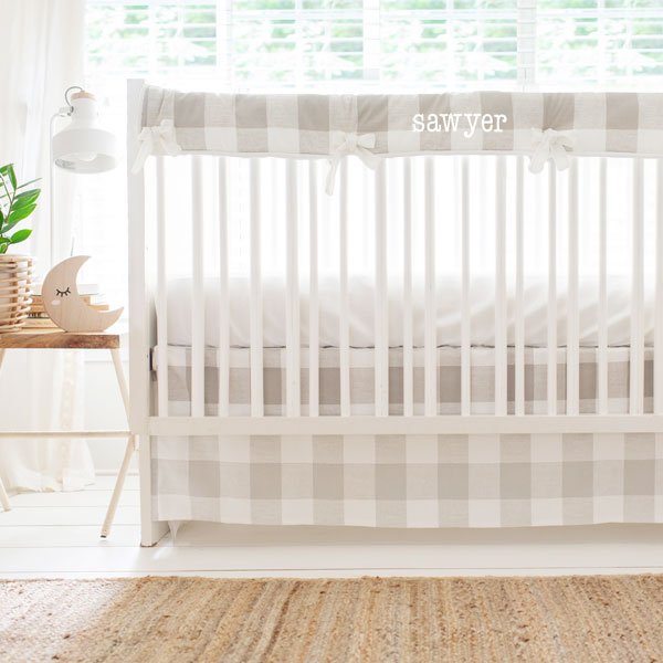 White and Khaki Buffalo Plaid Crib Bedding