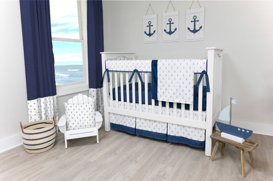 White and Navy Mini Anchors Crib Bedding - New Arrivals Inc