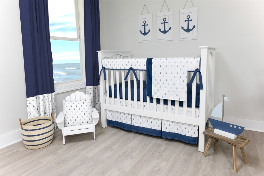 White and Navy Mini Anchors Crib Bedding