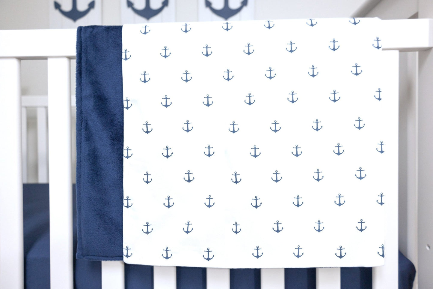 White and Navy Mini Anchors Crib Blanket - New Arrivals Inc