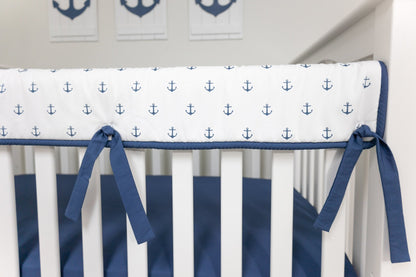 White and Navy Mini Anchors Crib Rail Cover - New Arrivals Inc